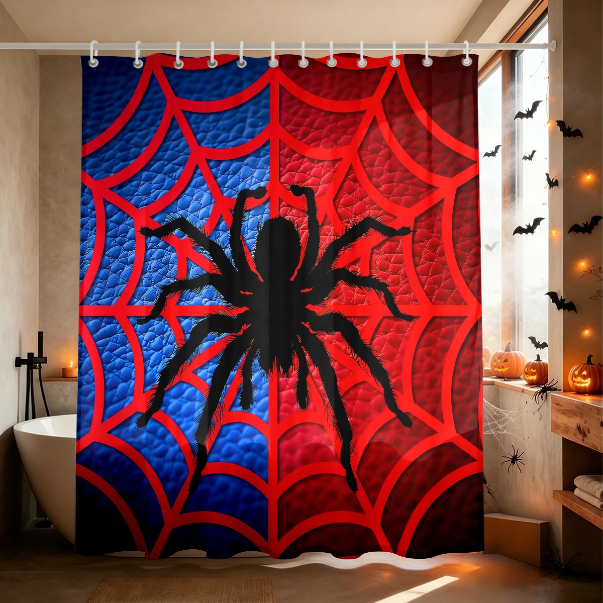 90g Waterproof Shower Curtain With Hooks,Red Blue Spider Web Print,Halloween Quick Dry Anti‑Mold Polyester Bathroom Curtain