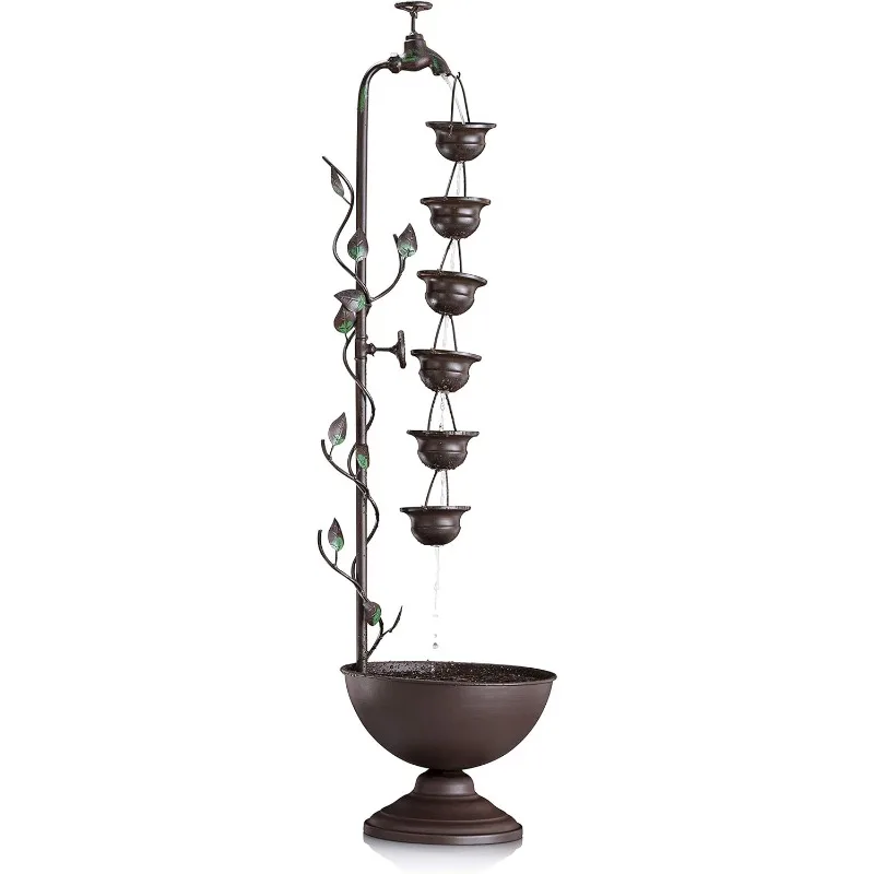 

MAZ254 Outdoor Floor Tiered Vintage Water Fountain w/ 6 Hanging Cups, Soothing Tier Waterfall, 38", Bronze