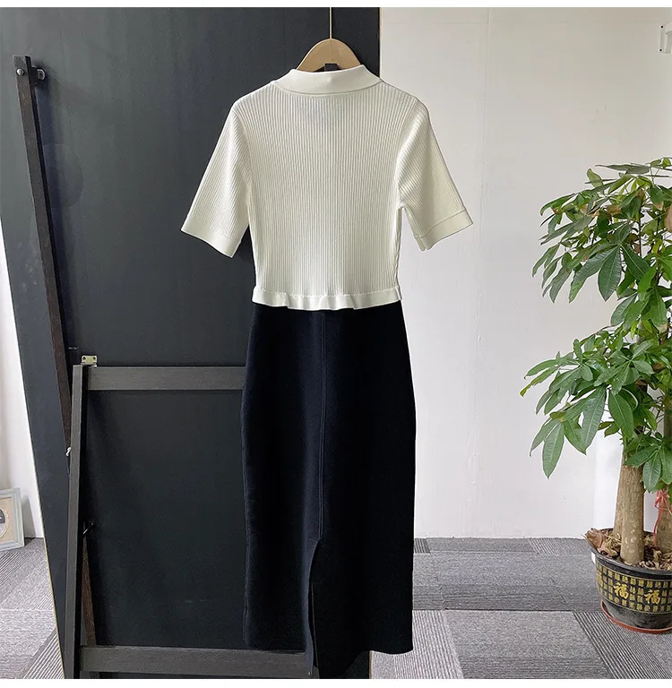 

Long knitted dress for women with black and white contrasting colors, High-end French early autumn split short sleeved splicing