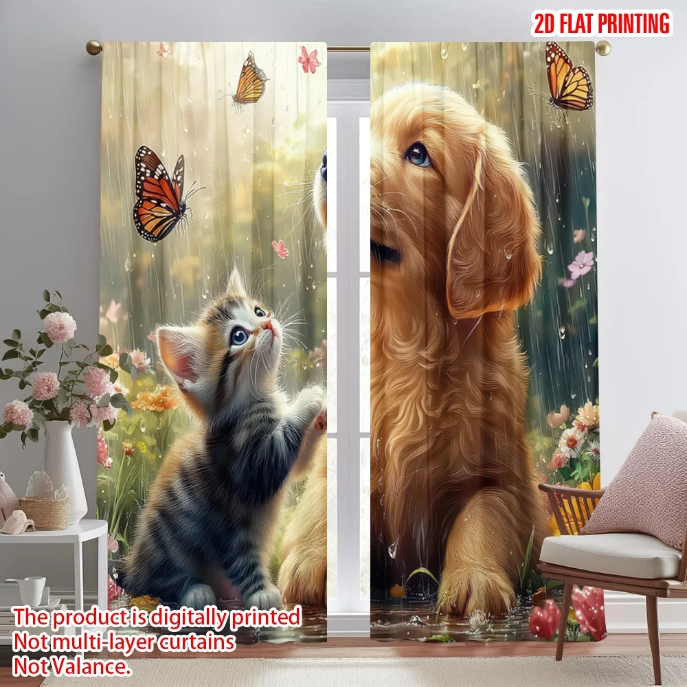 

2D flat printing 2pcs Party Curtain Dog and Kitten Wonders Digital Printed Polyester Drapes Family Party Decoration Use for All