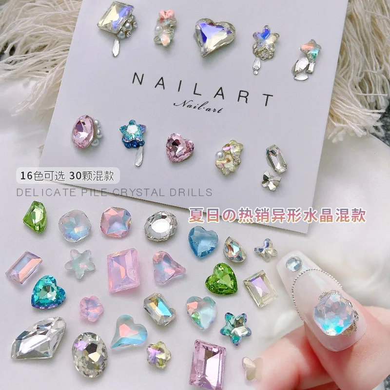 30PCS Glitter Mix Shapes Ice Translucent Colorful Crystal Sharp Diamonds Nail Art Rhinestones Jewelry Decorations Manicure Gems