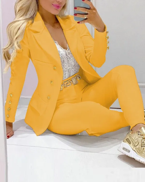 Casual Solid Suit Coat Pants Set Office Lady Autumn Fashion Elegant Long Sleeve Top Trousers Two Piece Set Women Outfit 2024