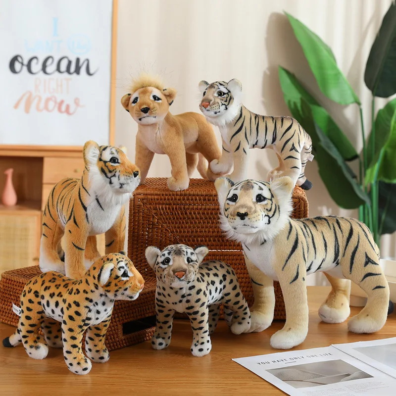 Simulação quente suporte leão tigre leopardo brinquedos de pelúcia decoração para casa animais bonitos bonecas macio real como travesseiro para meninos presente