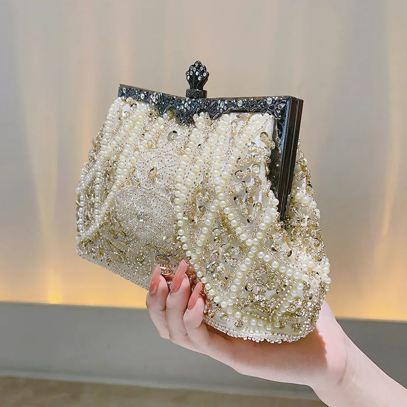 Faux Pearl Diamond Kiss Lock Clutch Bag, Floral Handle Evening Purse, Luxury Metal Chain Crossbody Bag for Cocktail Party Events