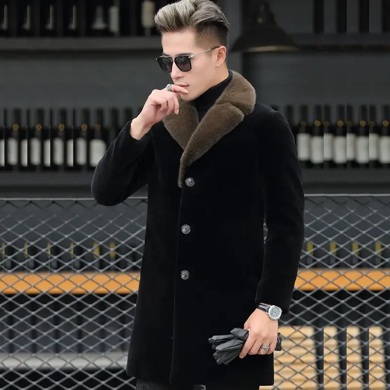 Winter New Mink Fleece Coat Imitation Fur Coat Men\'s Medium and Long Mink Coat Men\'s Suit Collar Thickened