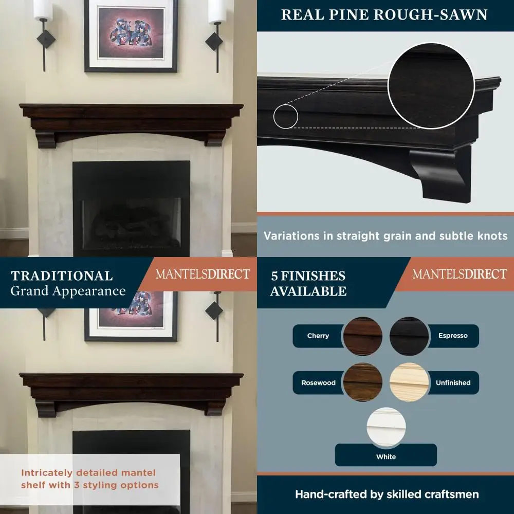 رف حائط خشبي ريفي إسبرسو 72 مع كوربل مقوس |   سالم ستايل مانتل