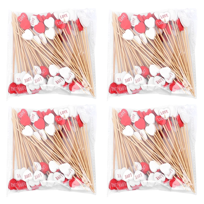 100pcs Valentine's Day Disposable Bamboo Skewer Love Heart Cocktail Picks Buffet Food Fruit Toothpicks Fork Wedding Party Decor