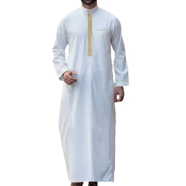Men Stand Collar Embroidery Pullover Long Robe Muslim Fashion Jubba Thobe Abaya Arab Gown Dubai Abayas Loose Spring Male 2025