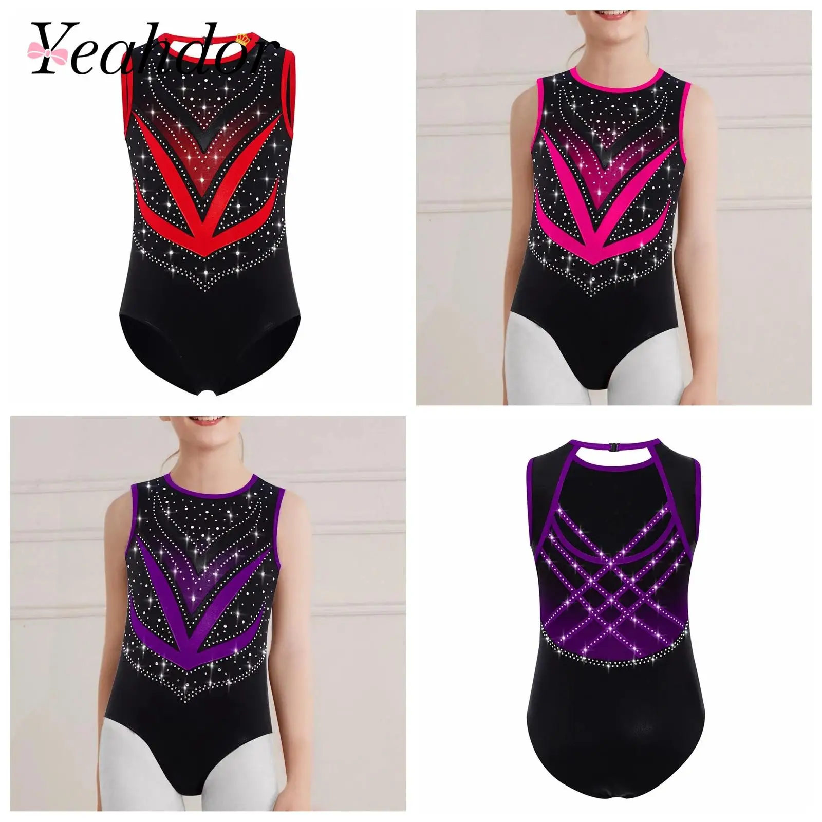 

Kids Girls Ballet Jumpsuit Contrast Color Metallic Gymnastics Leotard Sleeveless Mesh Patchwork Skating Bodysuit Yoga Dancewear