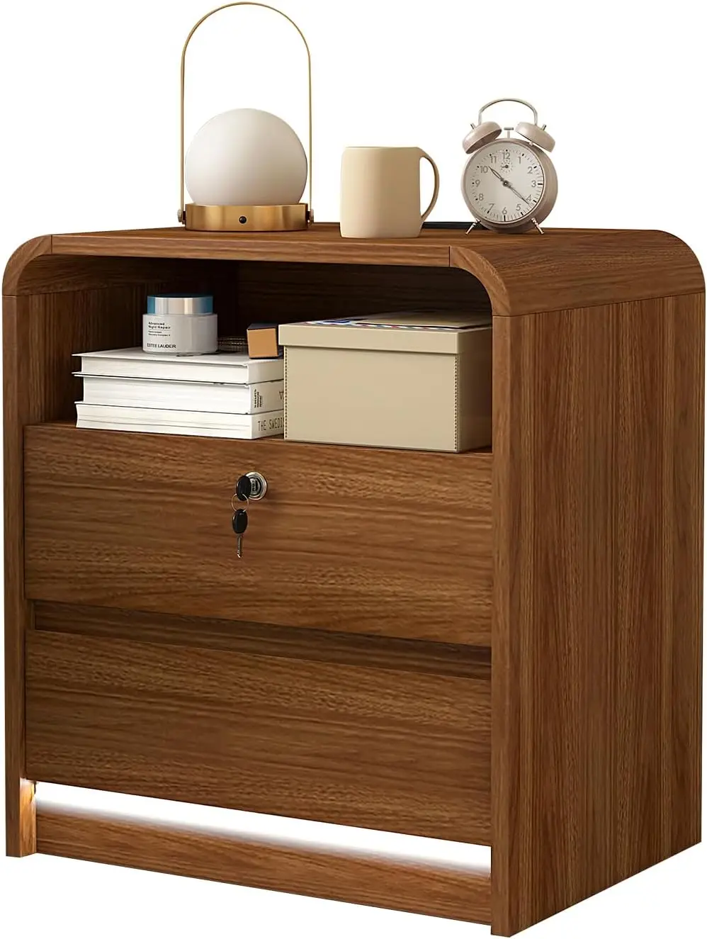 Nightstand w/Charging Station, Motion Sensor LED FSC Certified Mid Century Modern Walnut Finish 23.6
