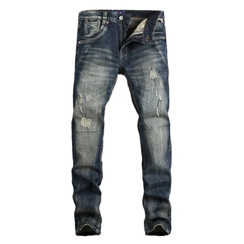 Fashion Vintage Men Jeans High Quality Retro Black Blue Stretch Slim Ripped Jeans Men Embroidery Patched Designer Denim Pants