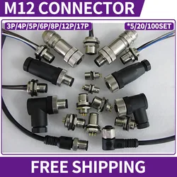 5/20 PCS M12 Connector Aviation Plug 4P 5P 6P 8P 12P Straight/Right Angle Head Male Female Docking Waterproof Sensor Connector