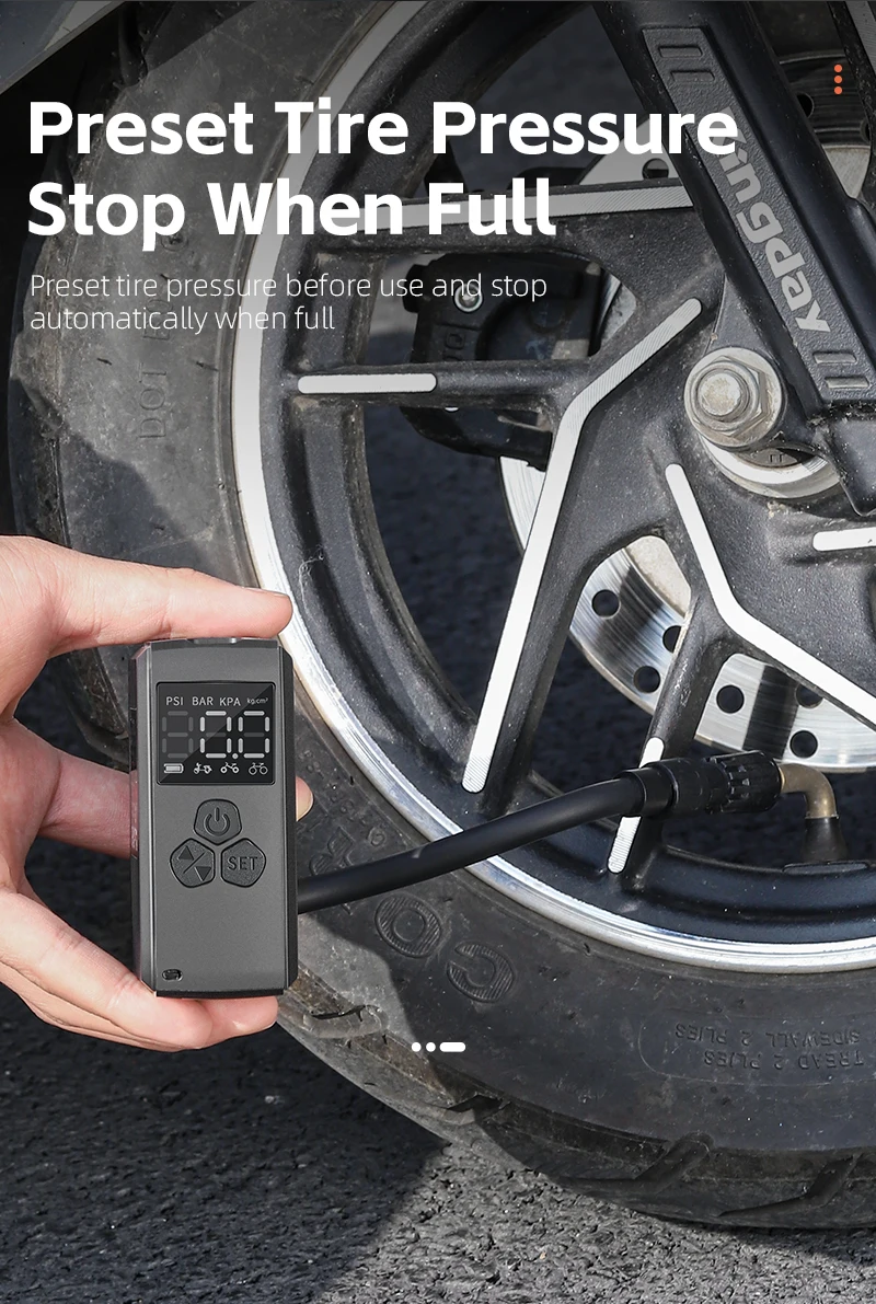 WEST BIKING 150PSI Elektrische Fahrradpumpe, Taschen-Mini-Luftkompressor mit Digitalanzeige für Fahrrad-, Auto- und Motorradreifen, FV AV – Detail 8