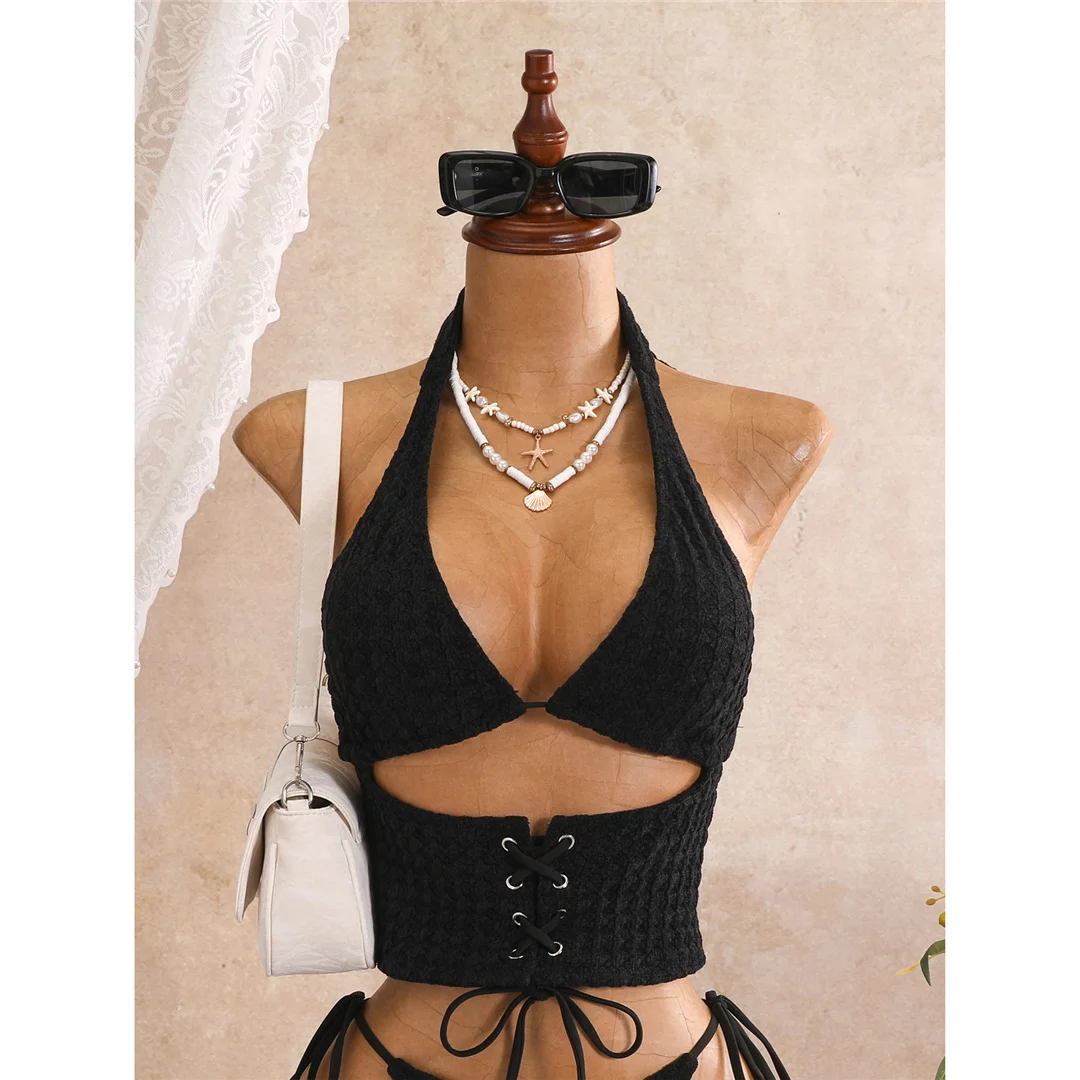 Tankini mit Schnürung, Neckholder-Bikini, Damen-Badeanzug, zweiteiliges Bikini-Set, Badeanzug mit hohem Beinausschnitt, Badebekleidung, Schwimmanzug V8340 – Detail 13