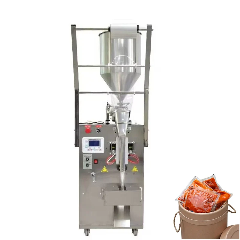 

Pneumatic Liquid Paste Ketchup Filling Packing MachineSmall Pouch Chili Oil Sauce Sachet Packing Machine