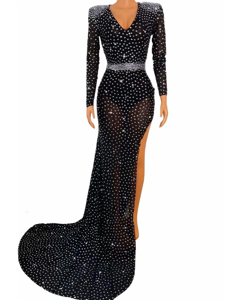 Multicolored Shining Rhinestones Long Sleeve Sexy Split Women Dress Evening Banquet Clothing Model Costumes Ballroom Wears