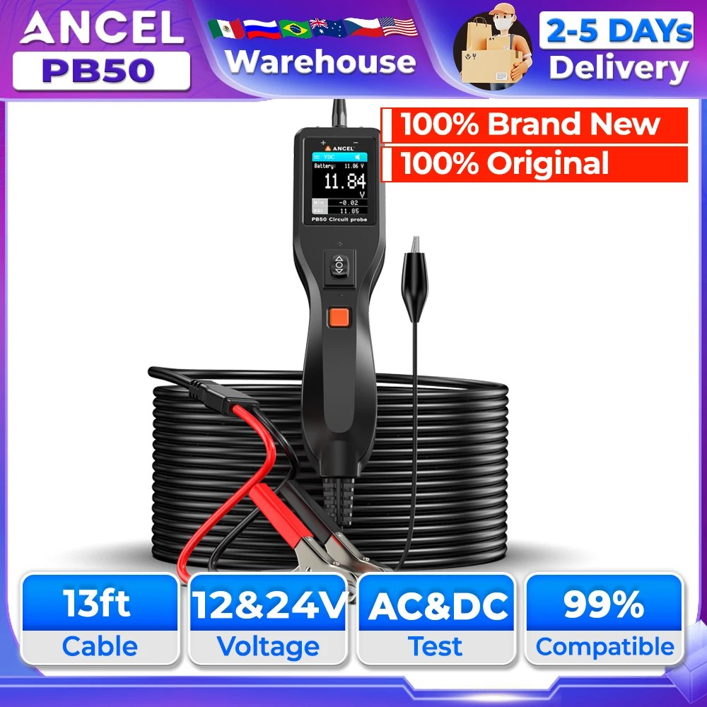 

Тестер зонда питания ANCEL PB50, 12 В, 24 В, тестер автомобильных цепей, электрический диагональный инструмент для переменного и постоянного напряжения, короткое