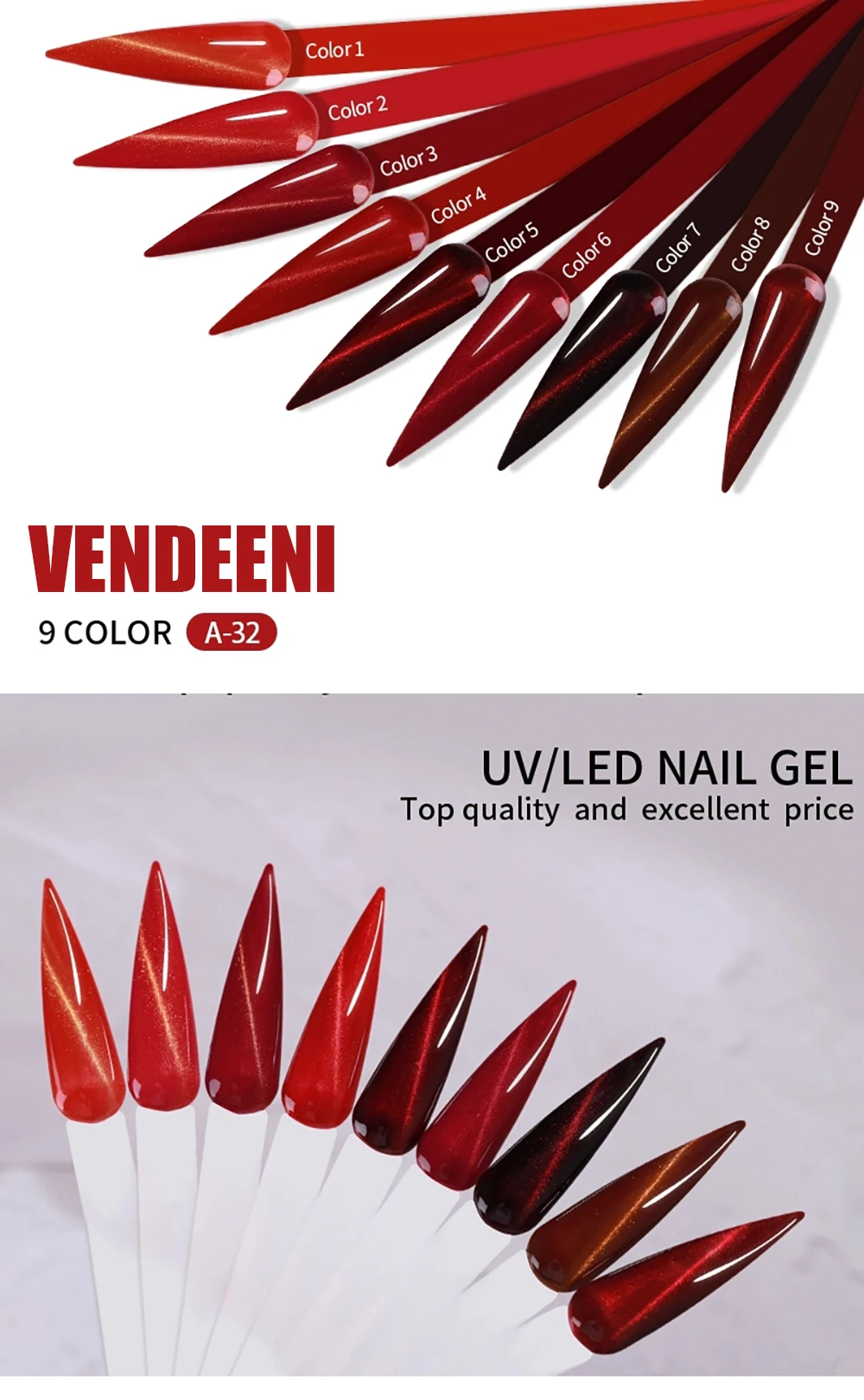 Vendeeni 9 Farben Rote Serie Katzenaugen-Gel-Nagellack Weinrot Glitzer Nagelkunst Gel-Lack Magnetischer UV-LED Soak-Off Gel-Lack – Detail 6