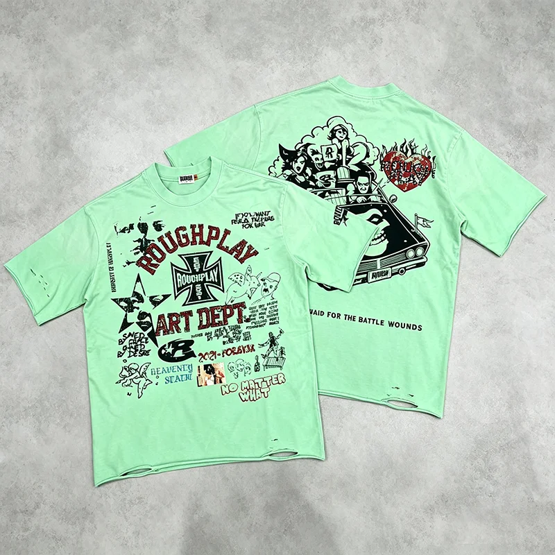 New Rough Play Unisex Retro T‑Shirt Mint Green Washed Ripped Graffiti Collage Loose Street Short Sleeve Tee