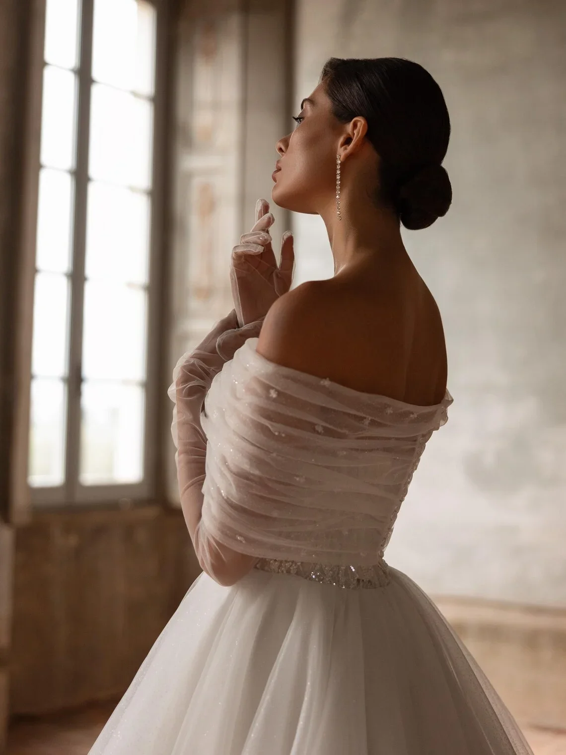 تخصيص أنيقة قبالة الكتف فستان الزفاف الكرة الأميرة الترتر الدانتيل مشد ضيق كم طويل فستان الزفاف