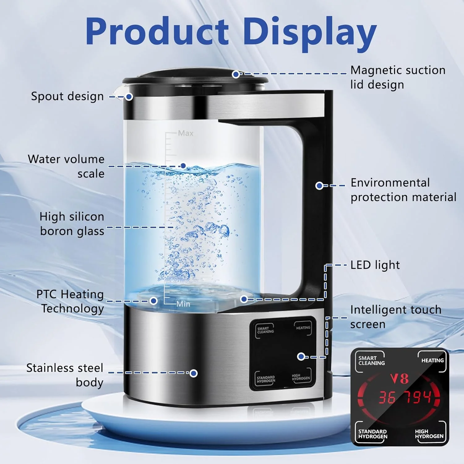 New Smart Touch Screen 2L V8 Hydrogen Water Machine Glass Japanese Hydrogen Water Machine Spe Pem Technology.