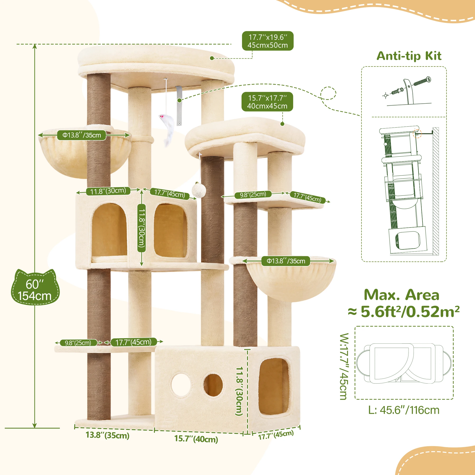 Globlazer 60 Inch Cat Scratcher Tree for Medium Large Cats Multilevel Cat Climbing Tower with 2 Cat Houses 2 Hammocks 7 Sisal Posts Stable Tower for 2 3 Cats