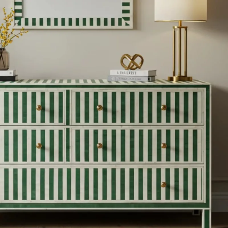 Bone-in handmade locker, green striped pattern, modern luxury, 6-drawer dresser for bedroom living room locker