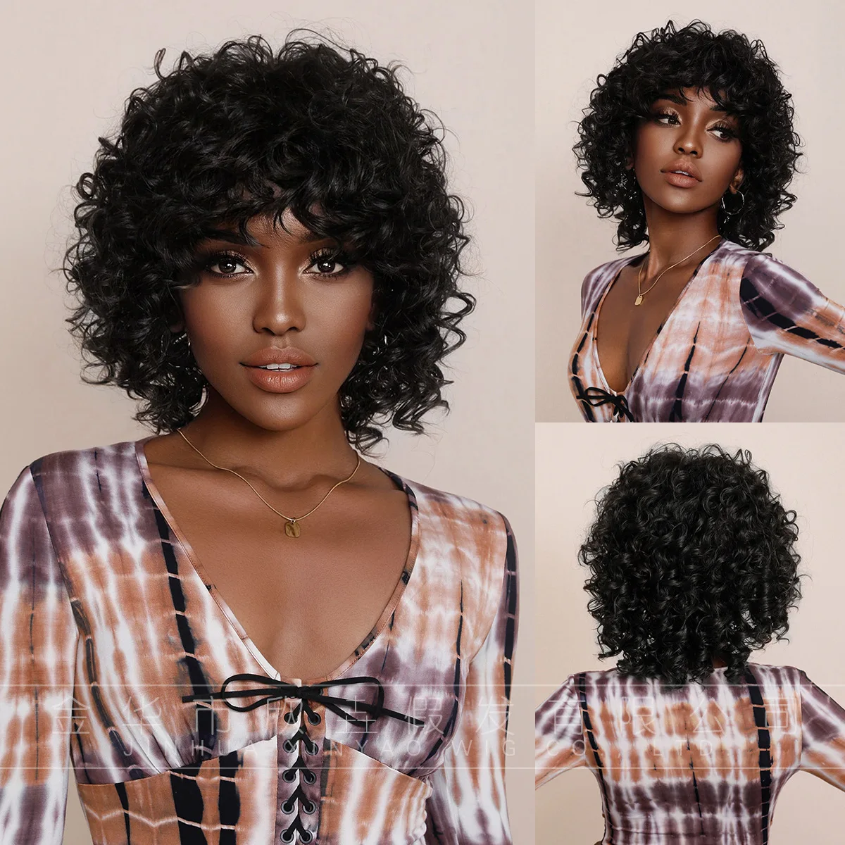 

Short curly hair, small curly hair, bangs, black , rose net mechanism, chemical fiber wig