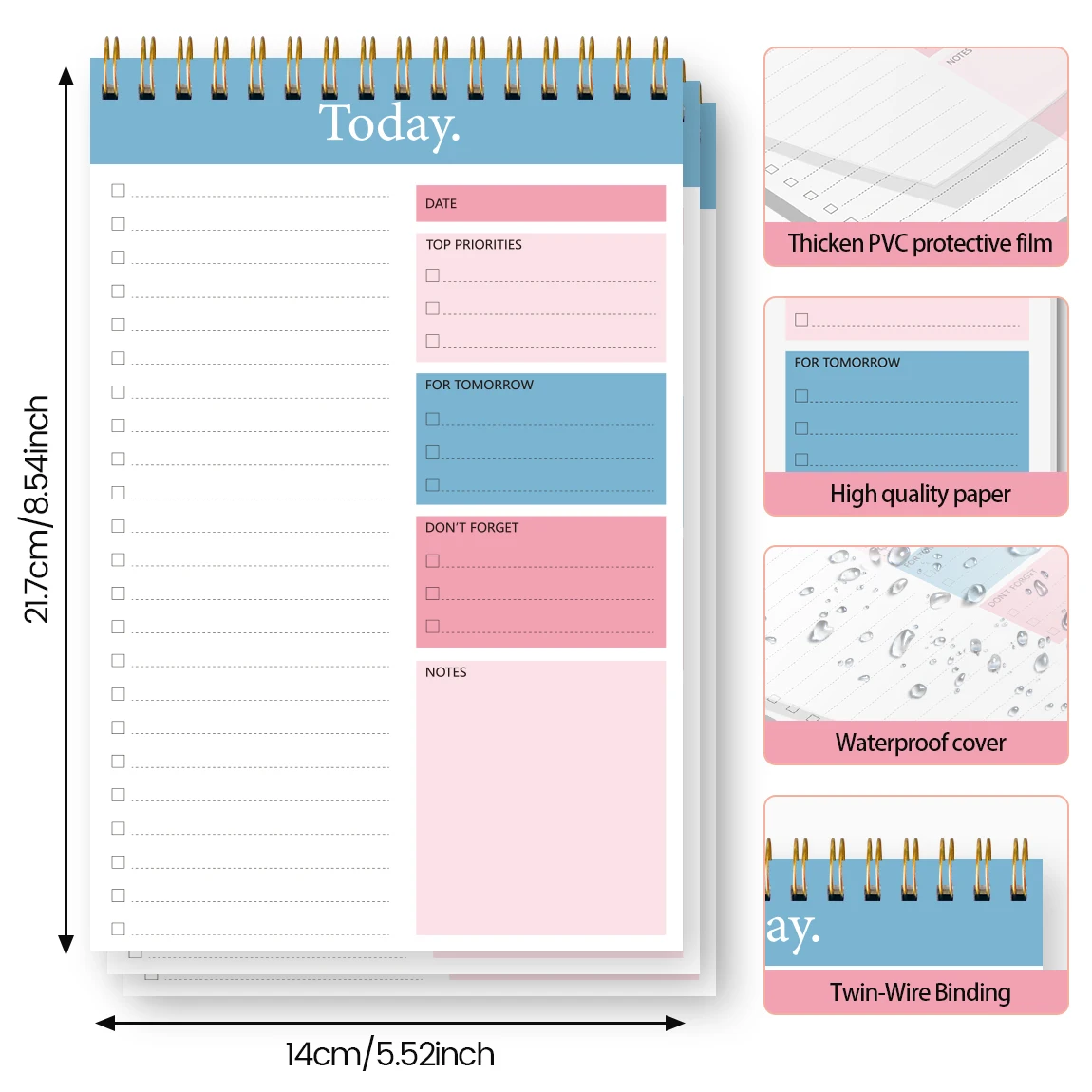 3 Pack Daily Planner Notepad with Checklist, Twin-Wire to Do List Memo Pad, 21.7X14Cm Desk Planning Pad