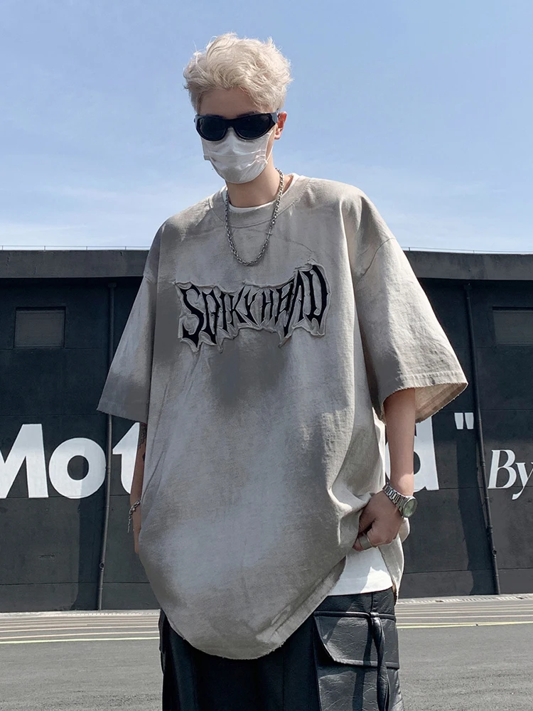 

Мужская футболка в американском ретро-стиле с эффектом потертости, плотная, модная, в стиле хип-хоп, свободного кроя, дышащая, летняя, с коротким рукавом