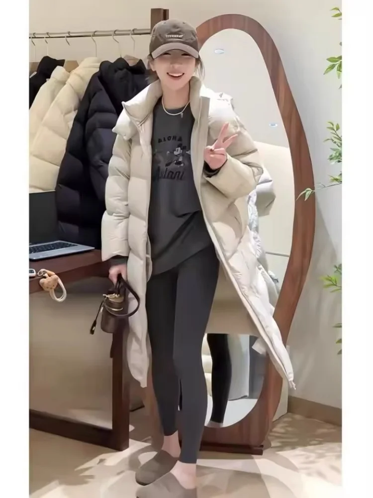 

Puffy White Down Cotton Jacket Women's Thicken Warm Winter Parkas Long Outerwear Korean Long Sleeves Zipper Casual Bread Coat