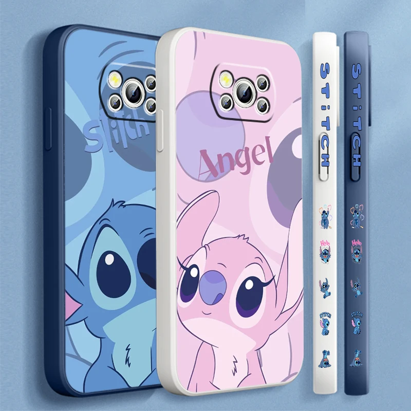 Anime Angel Lilo & Stitch Liquid Left Rope For Xiaomi Mi Poco X5 X4 X3 M6 M5 M5S M4 M3 F5 F4 F3 C55 C40 Pro 5G TPU Phone Case