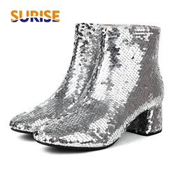 Winter Women Plush Ankle Boots High Block Heels Silver Gold White Sequined Cloth Dress Office Lady Round Toe Zipper Short Boots