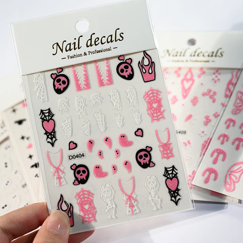 

1Pc Halloween Skull Pumpkin Nail Stickers Pink Glitter Spider Web Ghost Bat Y2K Nail Adhesive Decal Halloween DIY Winter Manicur