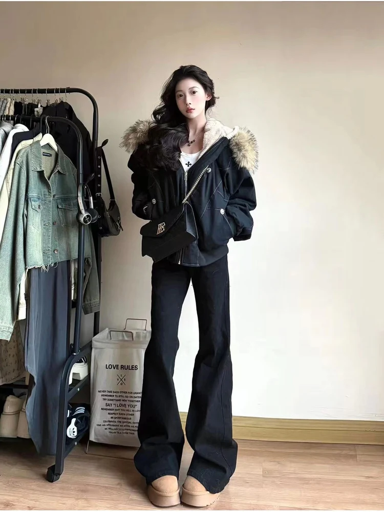 

Women's Thiened Fce Lined Hooded Cotton Jaet Quilted Coat with Fur Trim Zipper Closure Long Sve Color Commute