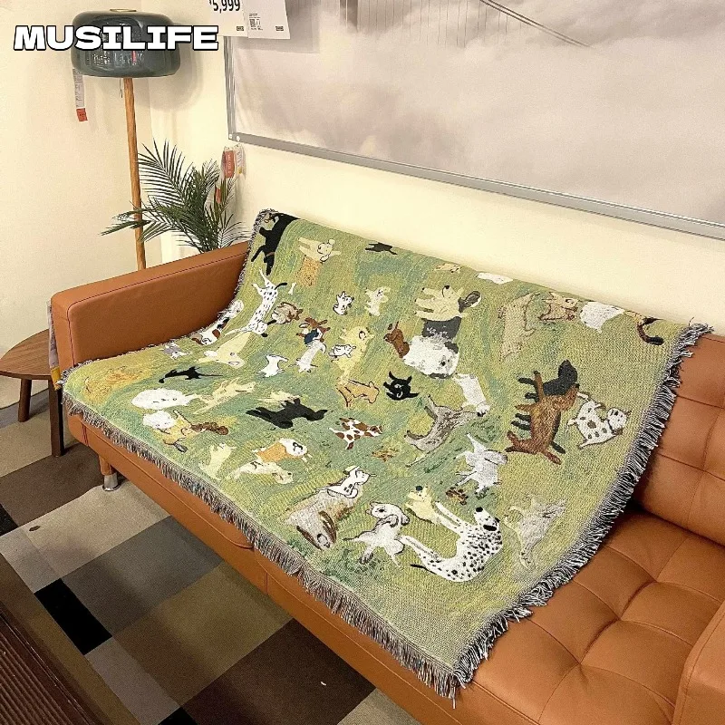 

Cute Cartoon Puppy Park Woven Throw Blanket for Bed Decor/Sofa Cover Dog Grassland Themed Blanket Outdoor Camping & Picnics Use