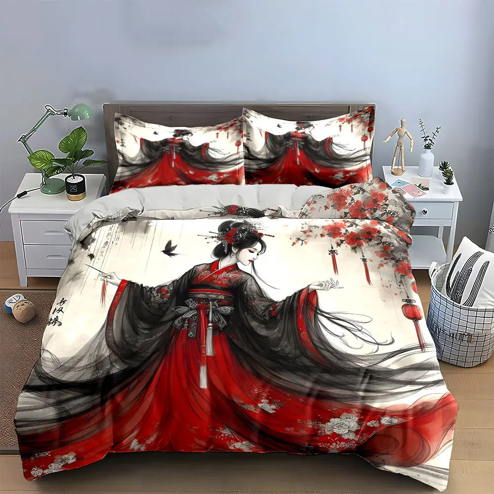 Traditional Asian Art Set Decoration Bedding Set with 1 Duvet Cover 2 Pillowcases Single Double King Queen, Gift