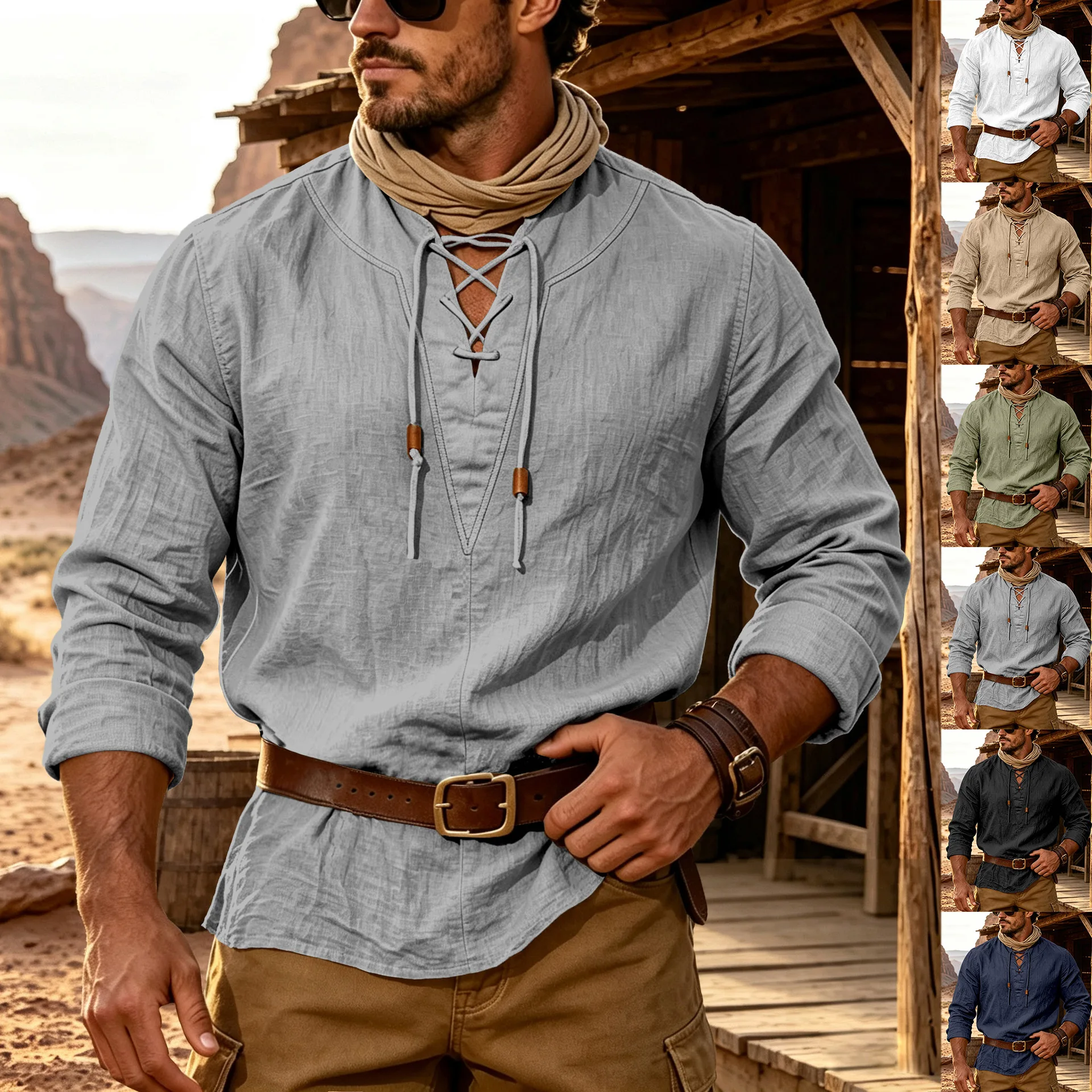 Medieval Gothic Lace Up Pirate Shirt - 남성용 끈으로 묶는 긴팔 셔츠, 중세