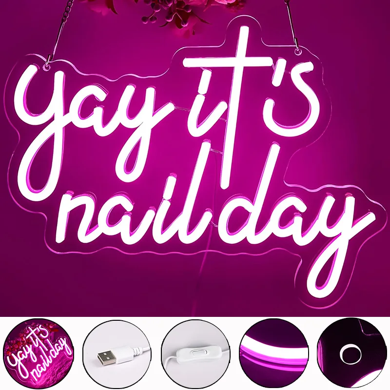Yay It's Nail Day Neon Signs for Wall Decor Text Led Lights for Girls Lady Pink Led Sign for Beauty Salon Aesthetic Neon Sign