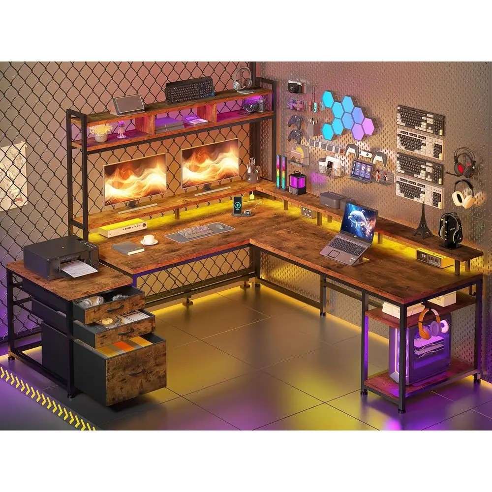 

L-Shaped 64x60 Desk with Hutch, Dual Monitor Stand, Power Outlet, and LED Lights for Home Office or Living Room in Brown