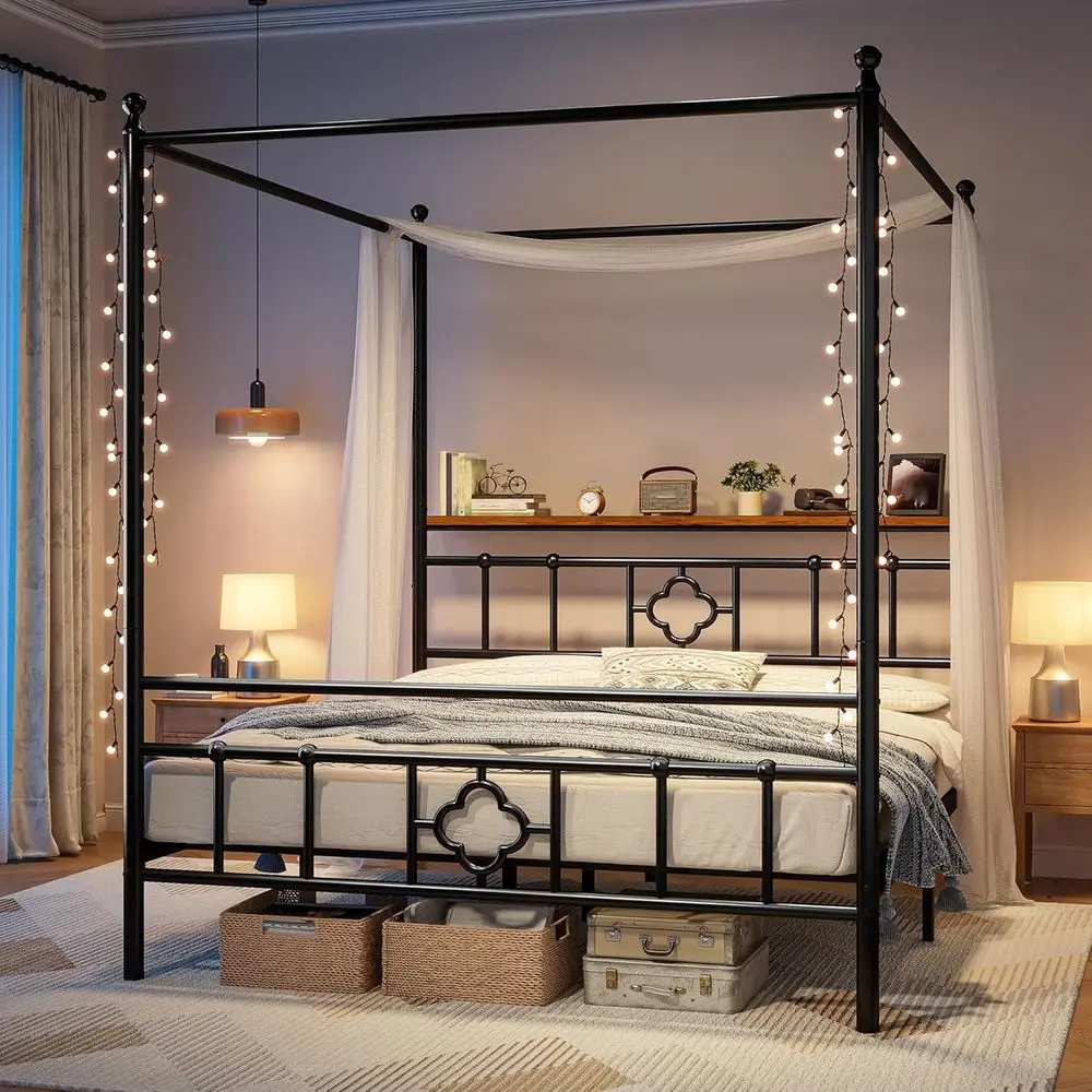 Queen Size Metal Platform Bed with Storage, No Box Spring Required, Black