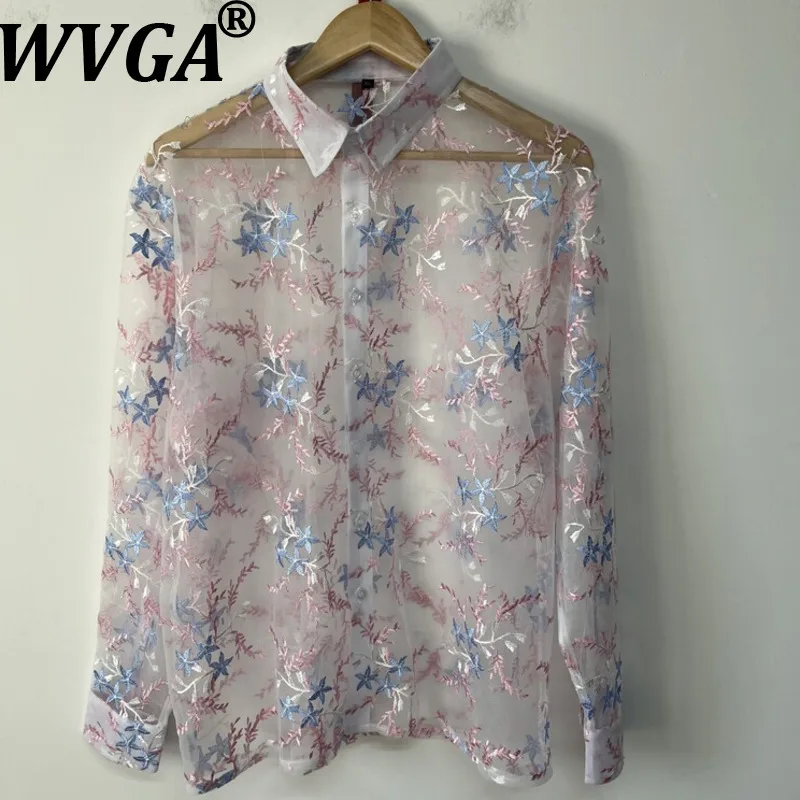 WVGA Spring Summer New Man Tide Embroidered Sheer Mesh Trendy Design Personalized Long Sleeve Shirt Niche Chic Casual Top W21355