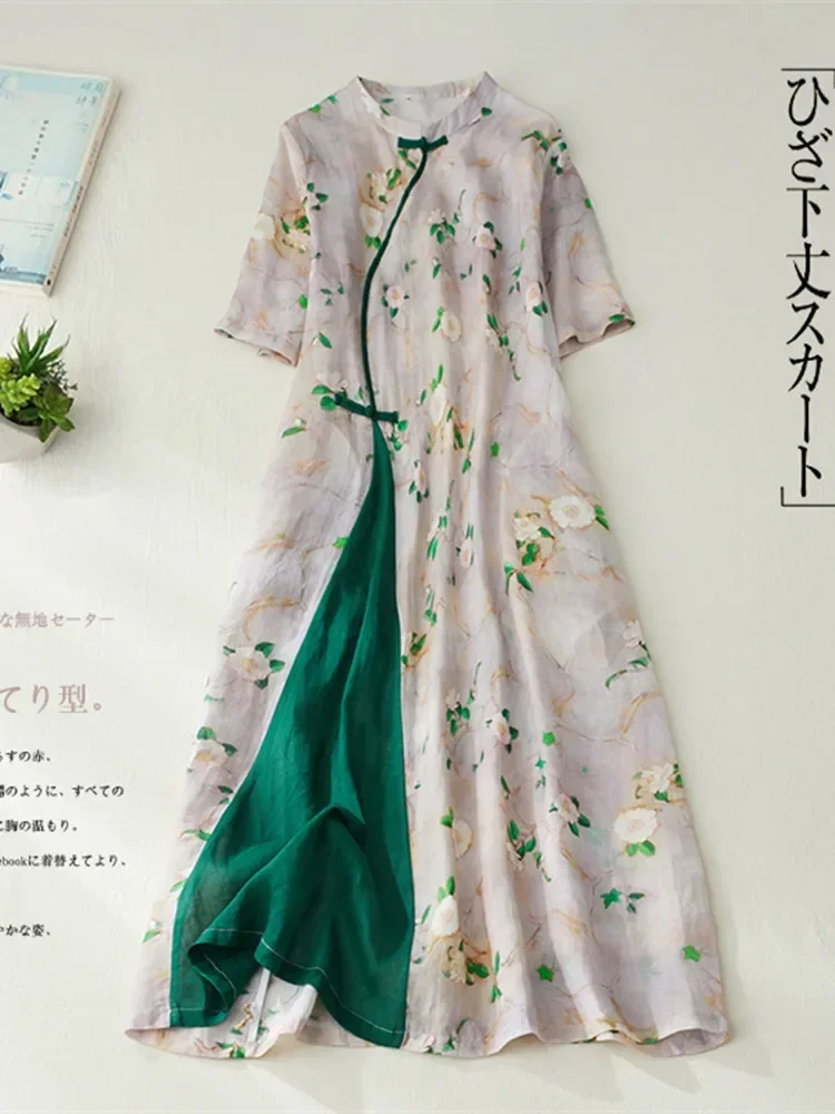 

2024 New Arrival Thin Soft Print Floral Patchwork Chinese Style Dress Robes Cheongsam Women Casual Summer Dress Lady Work Dress