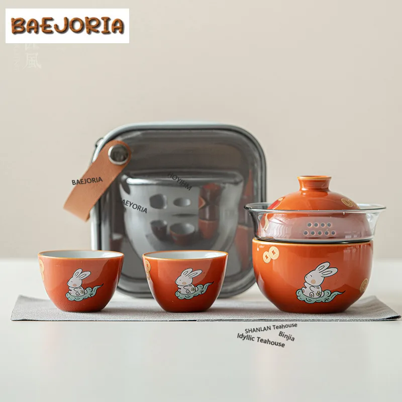 Hand Drawn Rabbit Travel Tea Set Kit Handmade 1 Pot 2 Cups Tea Making Organizer Portable Camping Tote Bag Drinkware Accessories