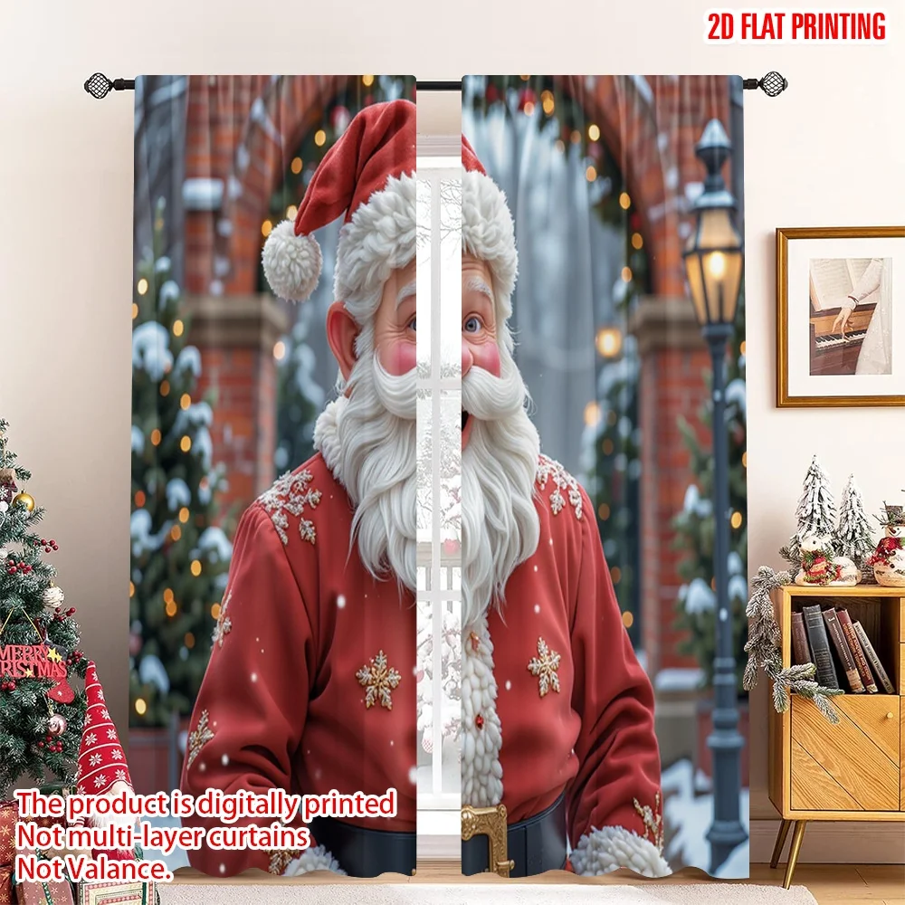 

2pcs 2D flat printing Merry Christmas Party Curtains Santa Claus Winter Snow Forest Fabric Without Electricity 0 Perfect for