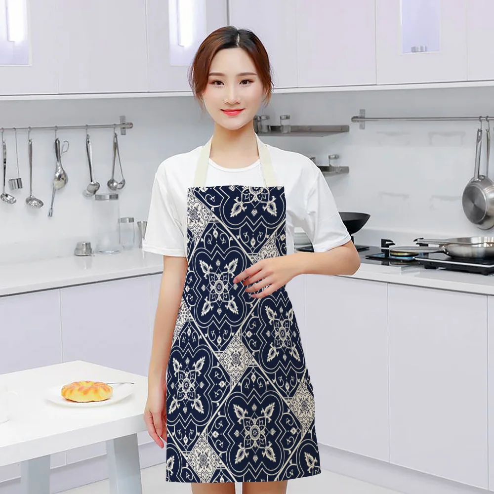 1 Pcs 55x68cm Cotton and Linen Apron Blue Porcelain Cooking Sleeveless Bib Anti-greasy Kitchen Mandala Supplies Chef Aprons