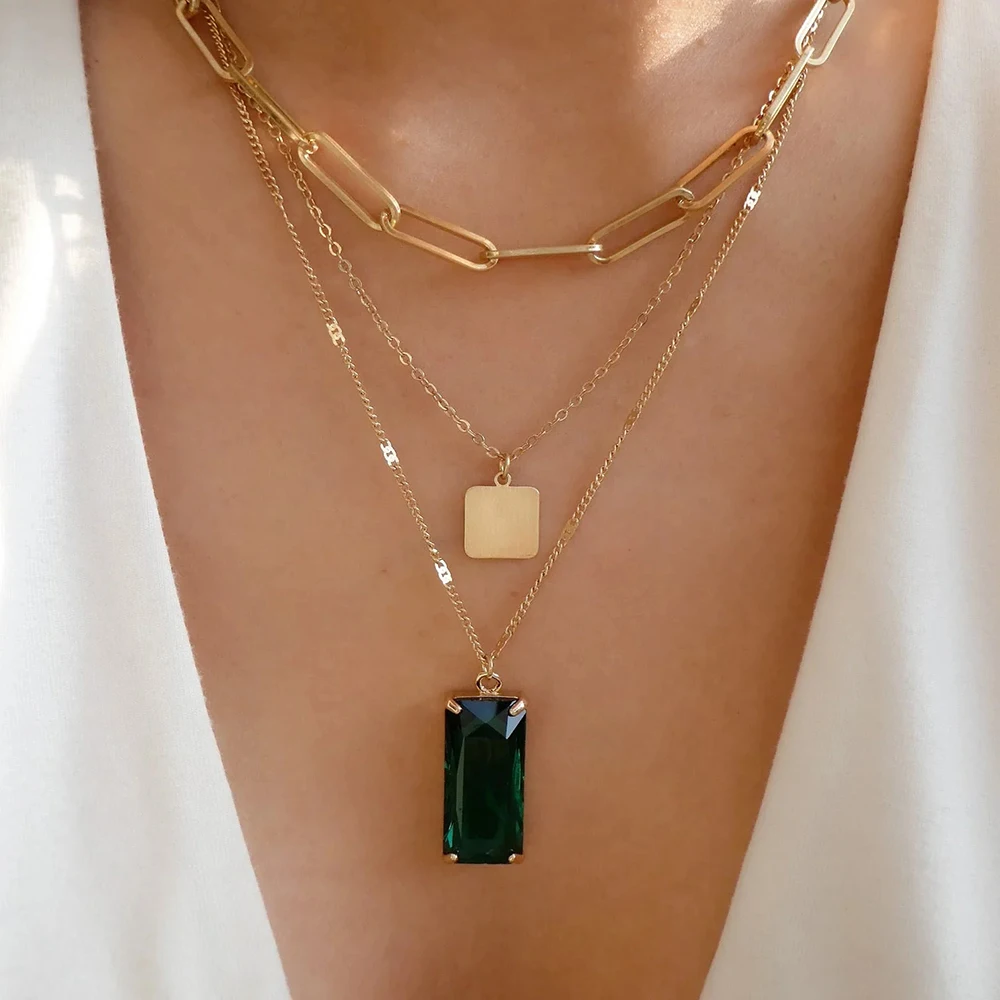 Vintage Multi-layered Stainless Steel Square Necklace For Women Color Rectangular Green Crystal Pendant Necklaces Trendy Jewelry