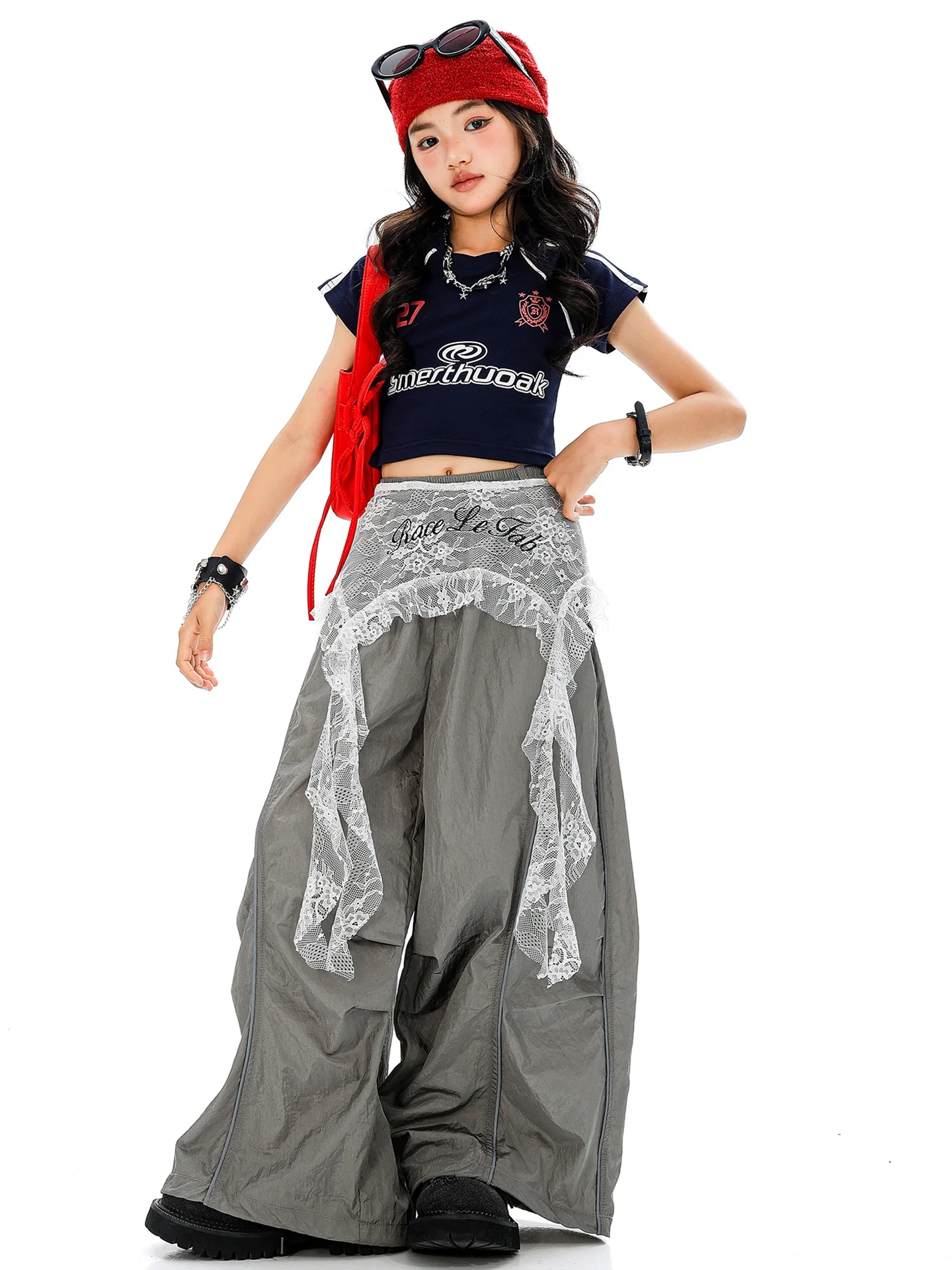 New Girls Hiphop Suit Jazz Dance Team Performance Clothes Short Sleeve Black Crop Top Pants Street Dance Costumes Wear DQL11200