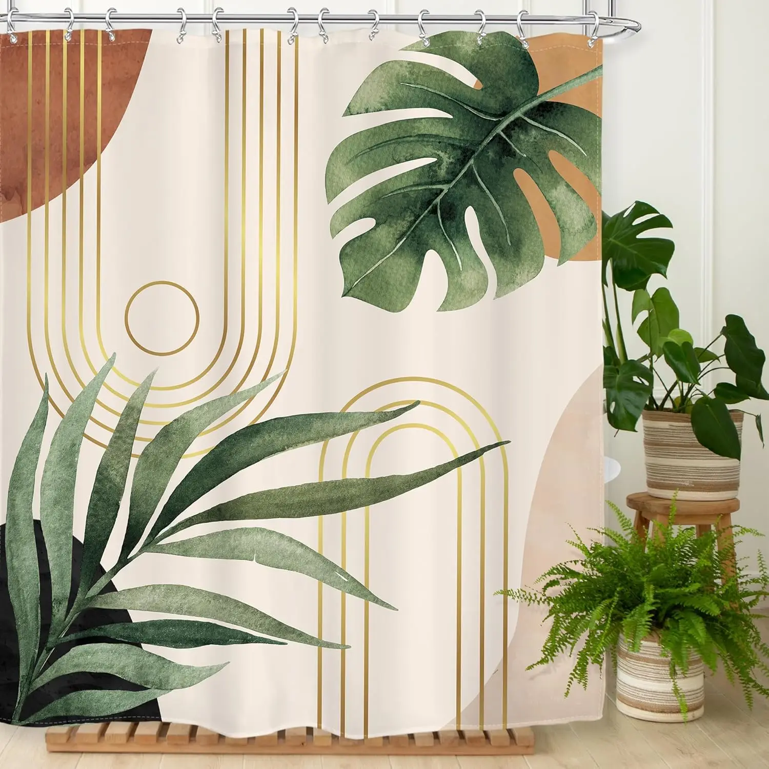 Boho Salbeigrüner Duschvorhang, Abstrakter Bohemian Mid-Century Badezimmervorhang, Pflanzlicher Botanischer Palmblatt-Dekor aus Stoff