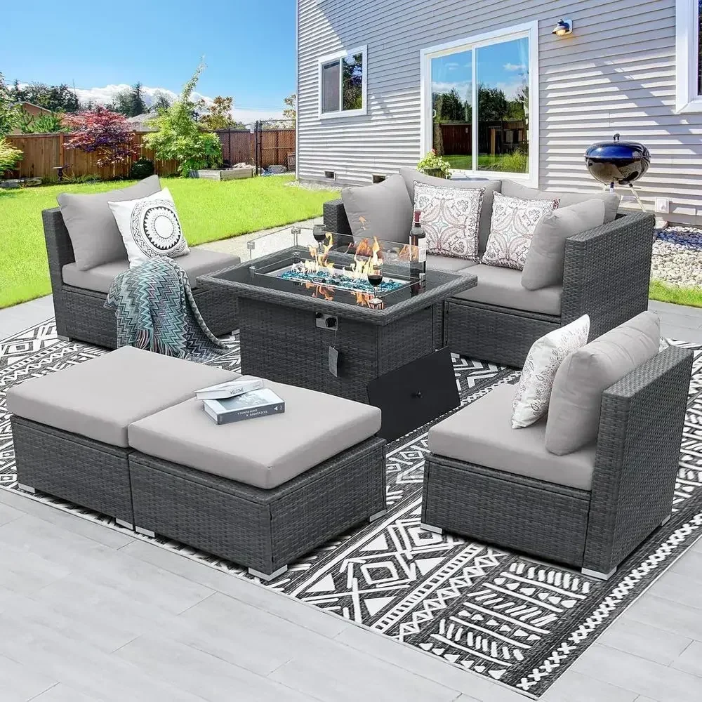 6-Person Weather-Resistant Outdoor Sectional Set with Fire Pit Table, Comfortable Wicker Patio Furniture, Light Grey